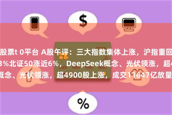 股票t 0平台 A股午评：三大指数集体上涨，沪指重回3300点，创指涨3.63%北证50涨近6%，DeepSeek概念、光伏领涨，超4900股上涨，成交11647亿放量2098亿